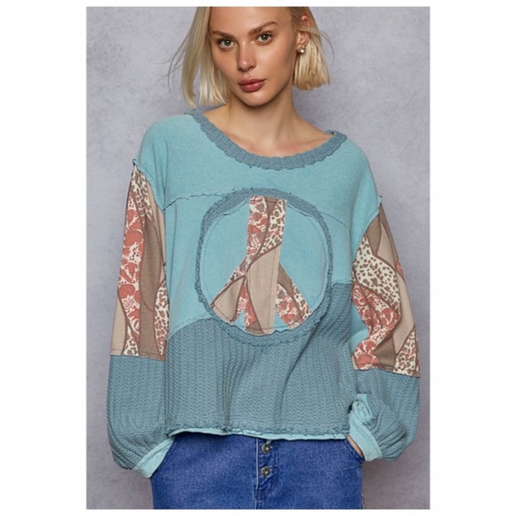 POL Teal Blue Floral Print Peace Patch French Terry Top - Picture 3 of 4
